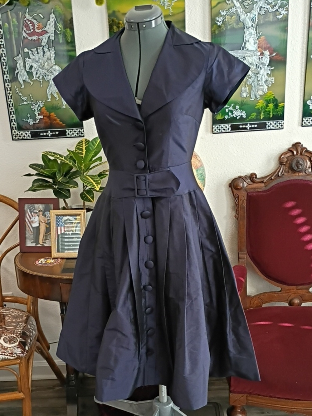 Teri Jon Navy Blue Silk Cocktail Dress Size 2
